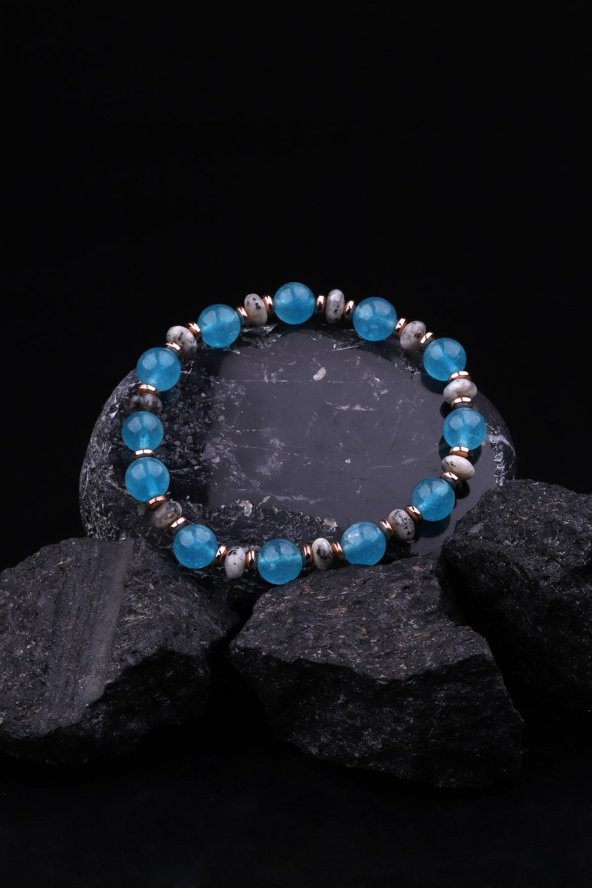 Mavi Kuvars - Jade - Hematit Doğal Taş Tasarım Bileklik - Resim 2