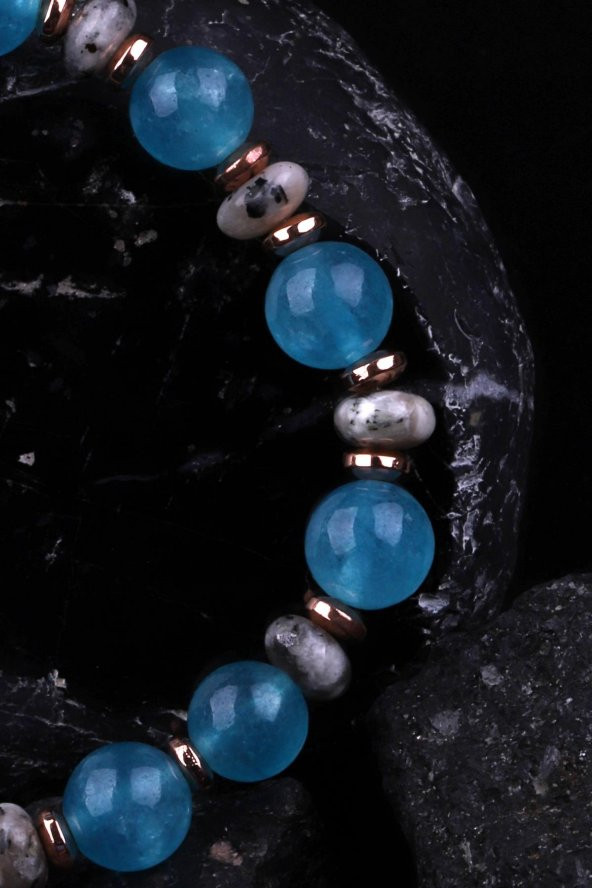 Mavi Kuvars - Jade - Hematit Doğal Taş Tasarım Bileklik - Resim 3