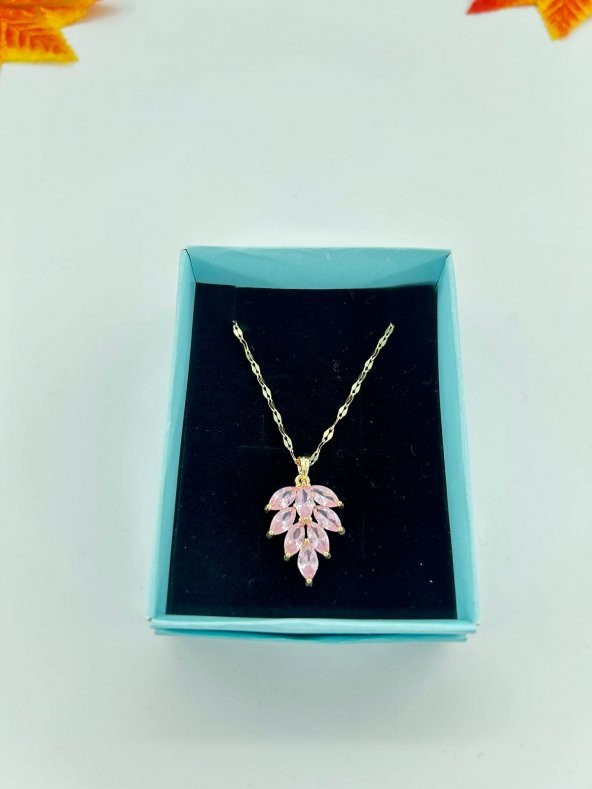 Hediyelik  Kadın Çelik Pembe Taşlı Yaprak Çiçeği Kolye - 2
