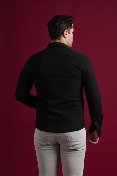Slimfit Fermuar Kapamalı Yan Cepli  Dokulu Spor Erkek Gömlek - Resim 6