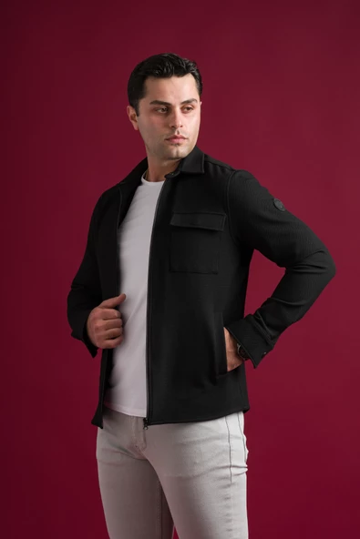 Slimfit Fermuar Kapamalı Yan Cepli  Dokulu Spor Erkek Gömlek - Resim 4