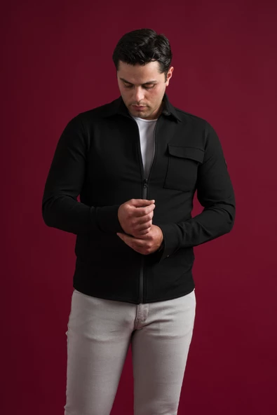 Slimfit Fermuar Kapamalı Yan Cepli  Dokulu Spor Erkek Gömlek - Resim 2