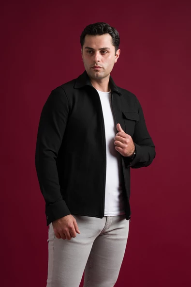 Slimfit Fermuar Kapamalı Yan Cepli  Dokulu Spor Erkek Gömlek - Resim 3