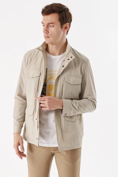 Slimfit Çıt Çıt Ve Fermuar Kapamalı Dik YakaYan Ve Üstten Kapak Cepli Astarlı İnce Baharlık Mont - 4