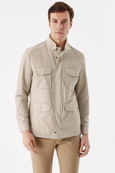 Slimfit Çıt Çıt Ve Fermuar Kapamalı Dik YakaYan Ve Üstten Kapak Cepli Astarlı İnce Baharlık Mont - 3