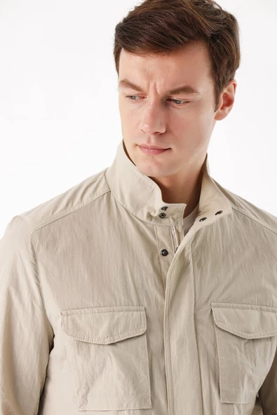 Slimfit Çıt Çıt Ve Fermuar Kapamalı Dik YakaYan Ve Üstten Kapak Cepli Astarlı İnce Baharlık Mont - 6