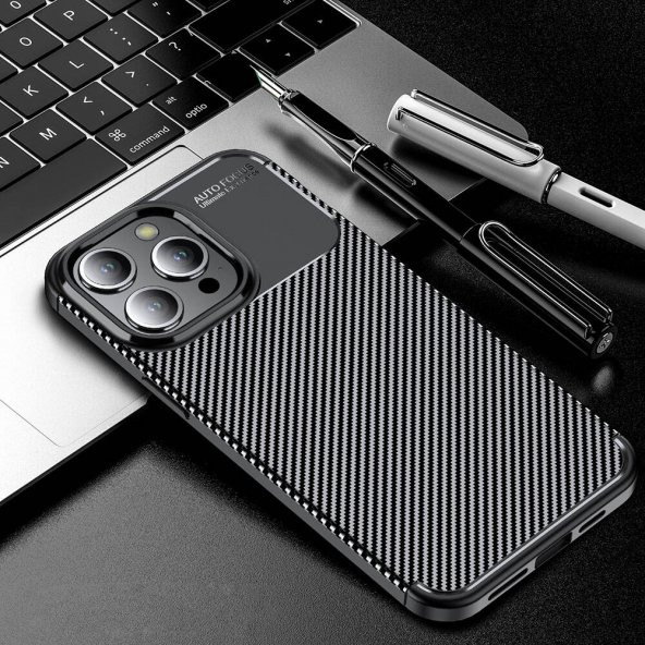 Apple iPhone 15 Pro Kılıf Sert Korumalı Zırh Karbon Fiber Kapak - 6