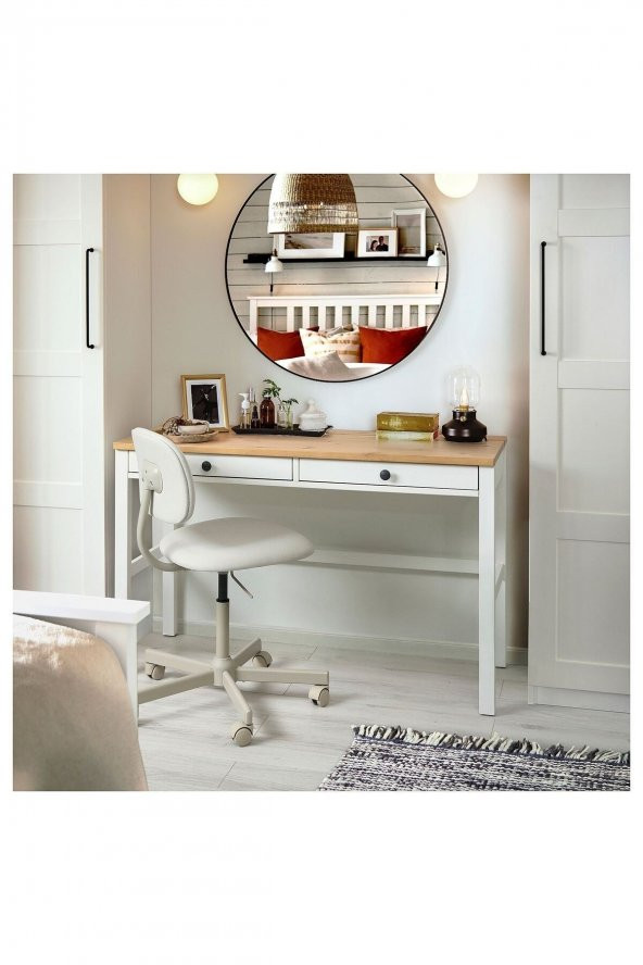 Çalışma Masası, Beyaz Açık Kahverengi HEMNES 120x47 2 Çekmeceli Masif Ahşap - 2