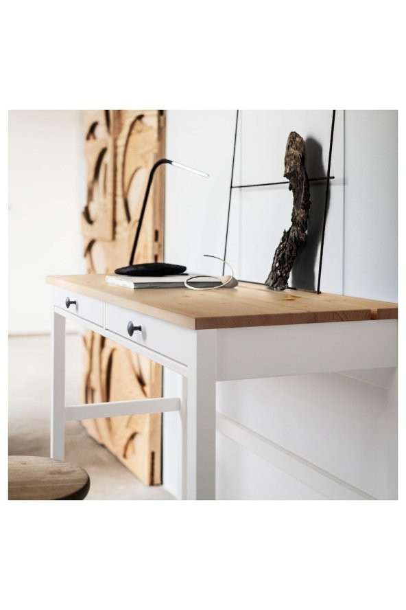 Çalışma Masası, Beyaz Açık Kahverengi HEMNES 120x47 2 Çekmeceli Masif Ahşap - 3
