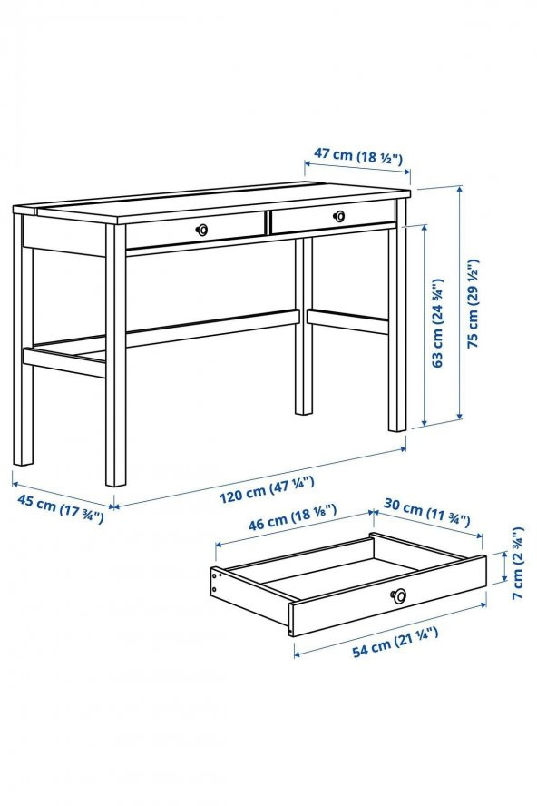 Çalışma Masası, Beyaz Açık Kahverengi HEMNES 120x47 2 Çekmeceli Masif Ahşap - 7