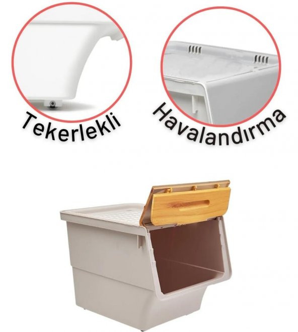 Motek Patateslik Soğanlık Sepeti Oyuncak Kutusu Tekerlekli Organızer Çok Amaçlı Kutu 3X12Lt-Bambu+Krem - 6