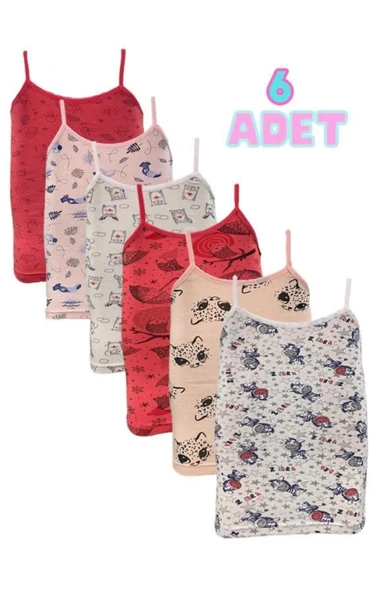 Kız Çocuk Atlet İp Askılı Desenli 6 lı Karışık Renkler (Didu) - Resim 2