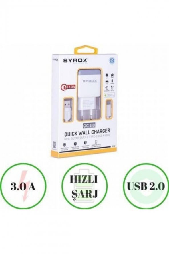 Syrox Umut_3.0 Amper Hızlı Şarj Aleti Cihazı Adaptörü Q32 Type-c Girişli (adaptör+kablo) - 2