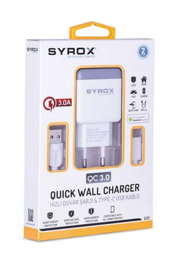Syrox Hızlı Sarj Cihazı Seti Type-c Hızlı Ev Şarj Aleti 3.0a (Q32 BEYAZ) - 3
