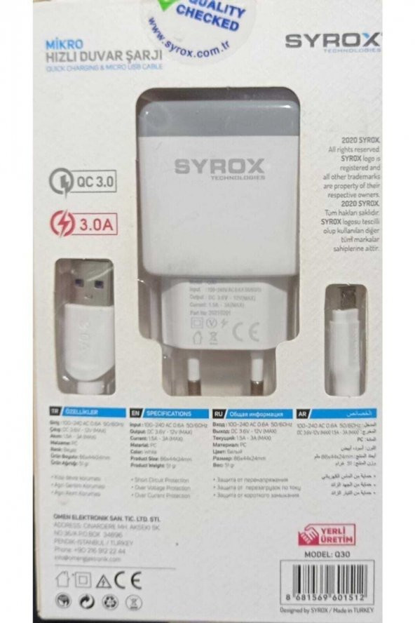 Syrox Hızlı Şarj Micro Usb 3.0a Şarj Cihazı usb kablolu