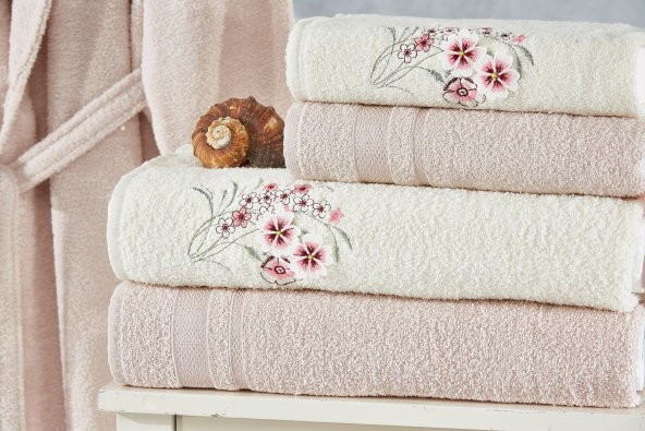 Family Nakışlı Krem & Kapuçino Aile Bornoz Seti 6 Parça Çeyizlik Kadın Erkek Banyo Havlu Takımı - 3