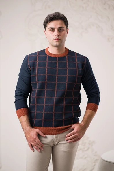 Nehir By Faruk Ülker Regular Fit Sıfır Yaka Kareli Yünlü Erkek Kazak - 4