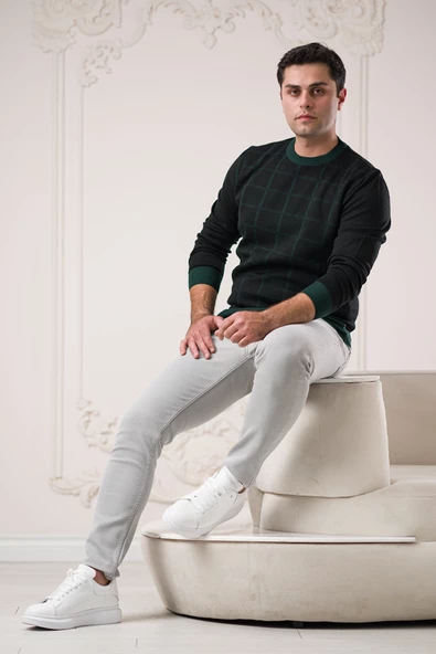 Nehir By Faruk Ülker Regular Fit Sıfır Yaka Kareli Yünlü Erkek Kazak - 8