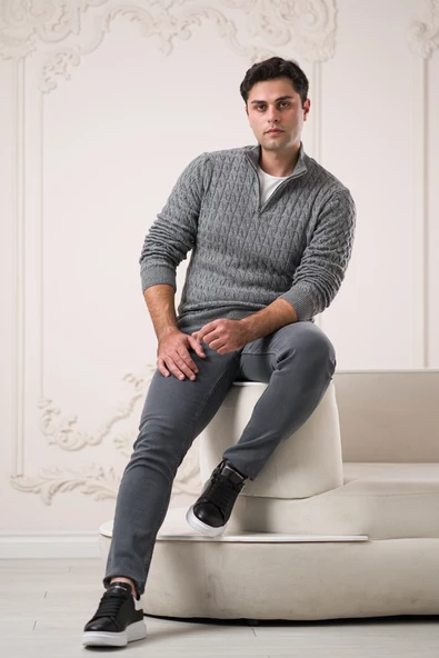 Slimfit Balıkçı Fermuarlı Yaka Örme Triko Yünlü Erkek Kazak - Resim 7