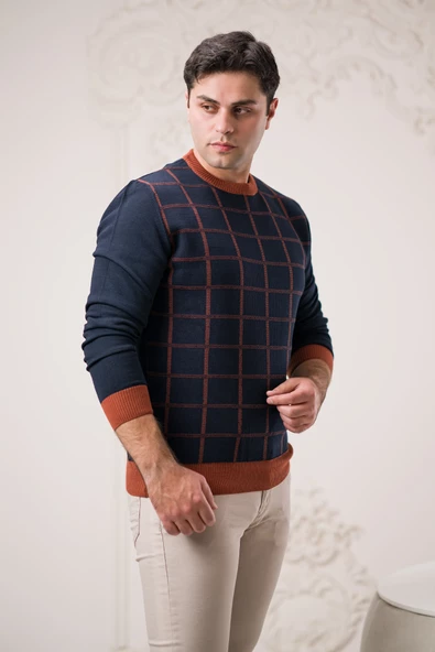 Nehir By Faruk Ülker Regular Fit Sıfır Yaka Kareli Yünlü Erkek Kazak - 3