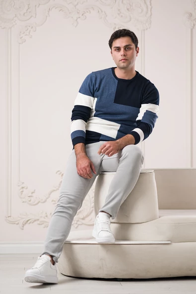 Dorss Slimfit Sıfır TasarımYaka Desenli Pamuklu Erkek Spor Kazak - 8