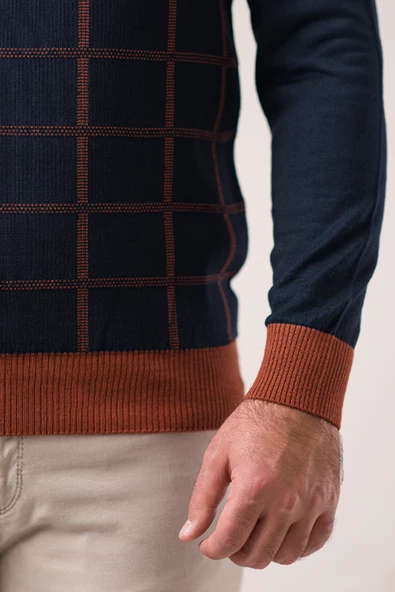 Nehir By Faruk Ülker Regular Fit Sıfır Yaka Kareli Yünlü Erkek Kazak - 6