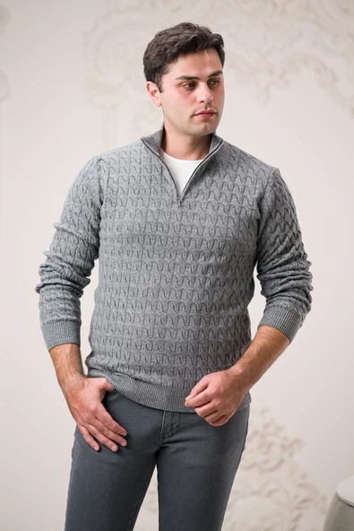 Slimfit Balıkçı Fermuarlı Yaka Örme Triko Yünlü Erkek Kazak - Resim 10