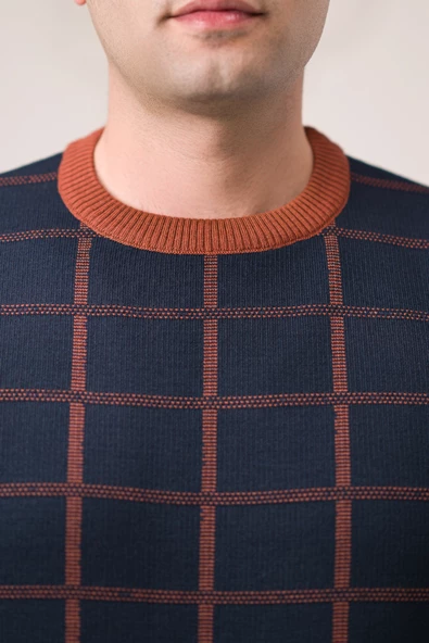 Nehir By Faruk Ülker Regular Fit Sıfır Yaka Kareli Yünlü Erkek Kazak - 7