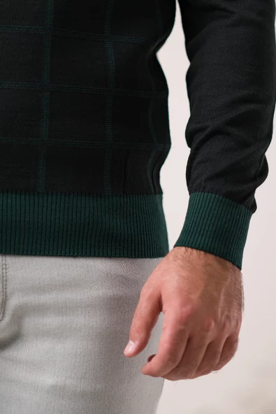 Nehir By Faruk Ülker Regular Fit Sıfır Yaka Kareli Yünlü Erkek Kazak - 12