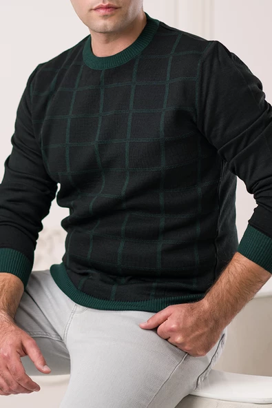 Nehir By Faruk Ülker Regular Fit Sıfır Yaka Kareli Yünlü Erkek Kazak - 10