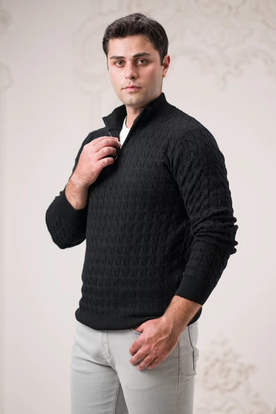 Slimfit Balıkçı Fermuarlı Yaka Örme Triko Yünlü Erkek Kazak - Resim 4