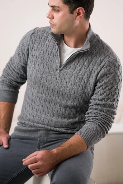 Slimfit Balıkçı Fermuarlı Yaka Örme Triko Yünlü Erkek Kazak - Resim 8