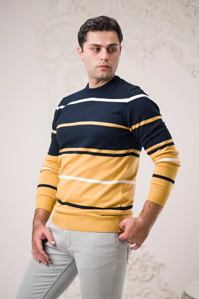 Dorss Slimfit Bisiklet Yaka Çizgili Pamuklu Erkek Spor Kazak - 10