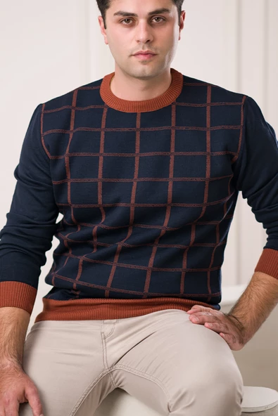 Nehir By Faruk Ülker Regular Fit Sıfır Yaka Kareli Yünlü Erkek Kazak - 2