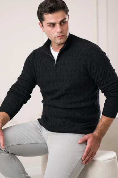Slimfit Balıkçı Fermuarlı Yaka Örme Triko Yünlü Erkek Kazak - Resim 3