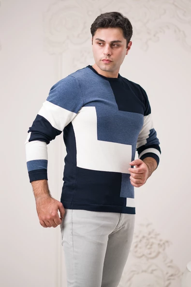 Dorss Slimfit Sıfır TasarımYaka Desenli Pamuklu Erkek Spor Kazak - 9