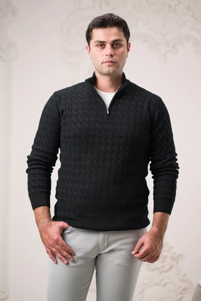 Slimfit Balıkçı Fermuarlı Yaka Örme Triko Yünlü Erkek Kazak - Resim 5