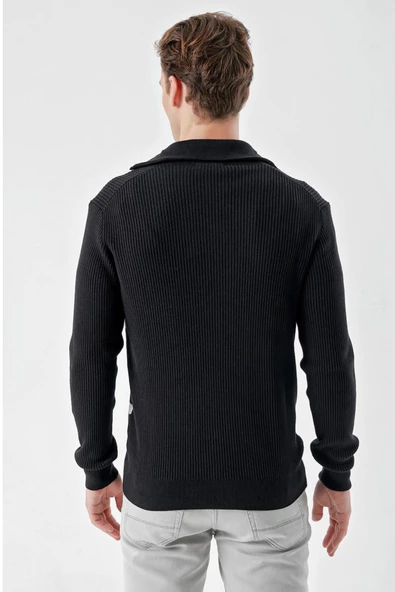 Slimfit Fermuarlı Boğazlı Yaka Çizgili Pamuklu Erkek Spor Triko Kazak - 5