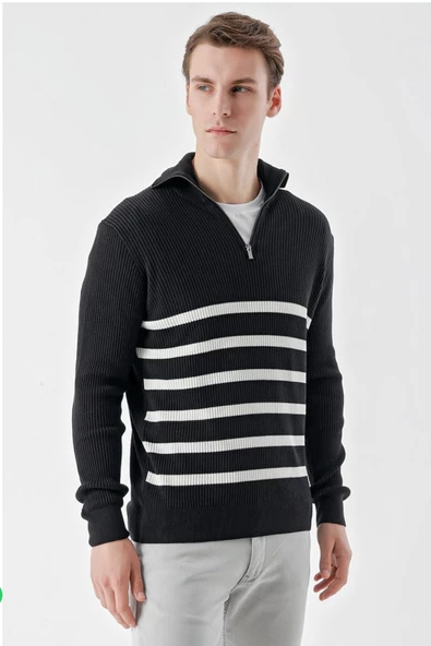 Slimfit Fermuarlı Boğazlı Yaka Çizgili Pamuklu Erkek Spor Triko Kazak - 3