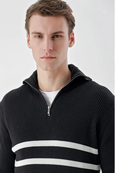 Slimfit Fermuarlı Boğazlı Yaka Çizgili Pamuklu Erkek Spor Triko Kazak - 4