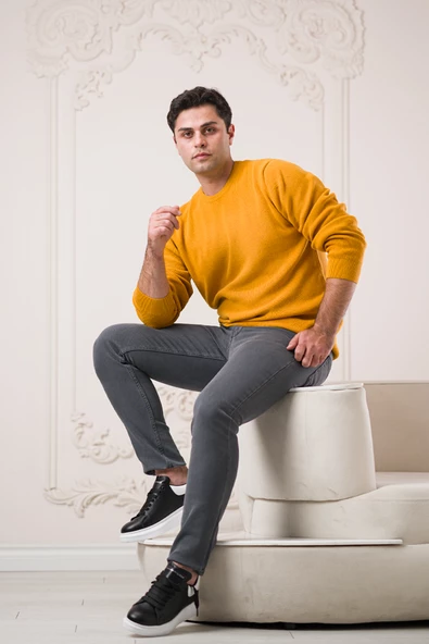 San&fa Rahat Kesim Sıfır Yaka Kendinden Çizgili Pamuklu Erkek Kazak