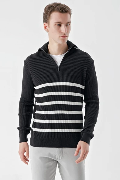 Slimfit Fermuarlı Boğazlı Yaka Çizgili Pamuklu Erkek Spor Triko Kazak - 2