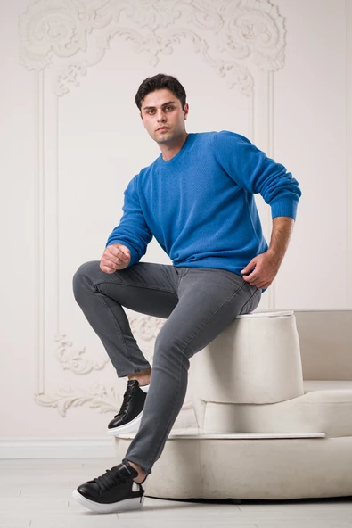 San&fa Rahat Kesim Sıfır Yaka Kendinden Çizgili Pamuklu Erkek Kazak - 8