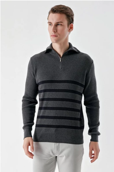 Slimfit Fermuarlı Boğazlı Yaka Çizgili Pamuklu Erkek Spor Triko Kazak - 7