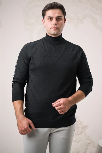 San&fa Regular Fit Yarım Balıkçı Kendinden Desenli Pamuklu Erkek Kazak - 9