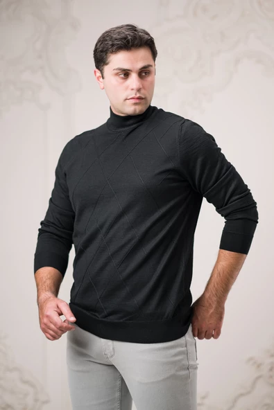 San&fa Regular Fit Yarım Balıkçı Kendinden Desenli Pamuklu Erkek Kazak - 8