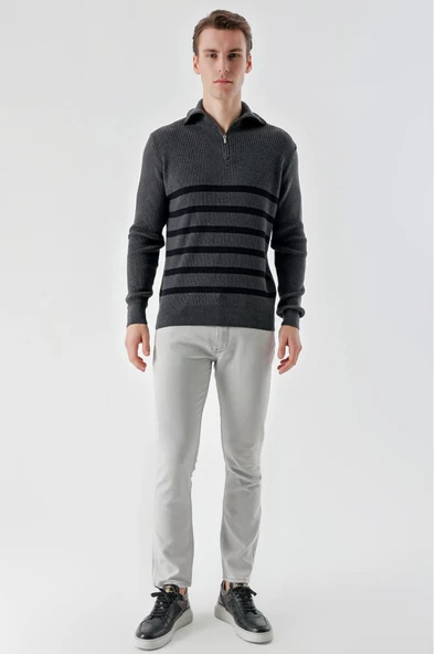 Slimfit Fermuarlı Boğazlı Yaka Çizgili Pamuklu Erkek Spor Triko Kazak - 6