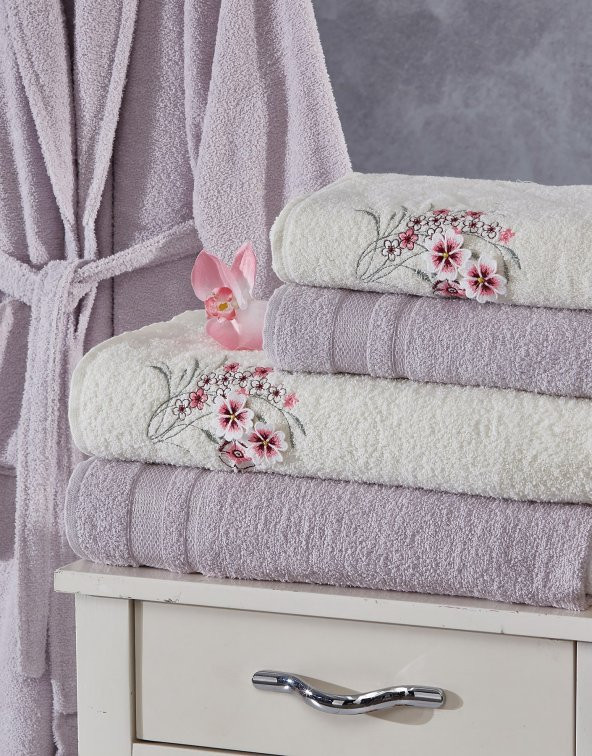 Family Nakışlı Krem & Lila Aile Bornoz Seti 6 Parça Çeyizlik Kadın Erkek Bornoz Banyo Havlu Takımı - 3