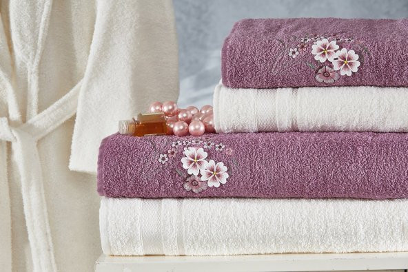 Family Nakışlı Mor & Krem Aile Bornoz Seti 6 Parça Çeyizlik Kadın Erkek Bornoz Banyo Havlu Takımı - 3