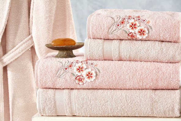 Family Nakışlı Pembe & Kapuçino Aile Bornoz Seti 6 Parça Çeyizlik Kadın Erkek Banyo Havlu Takımı - 3